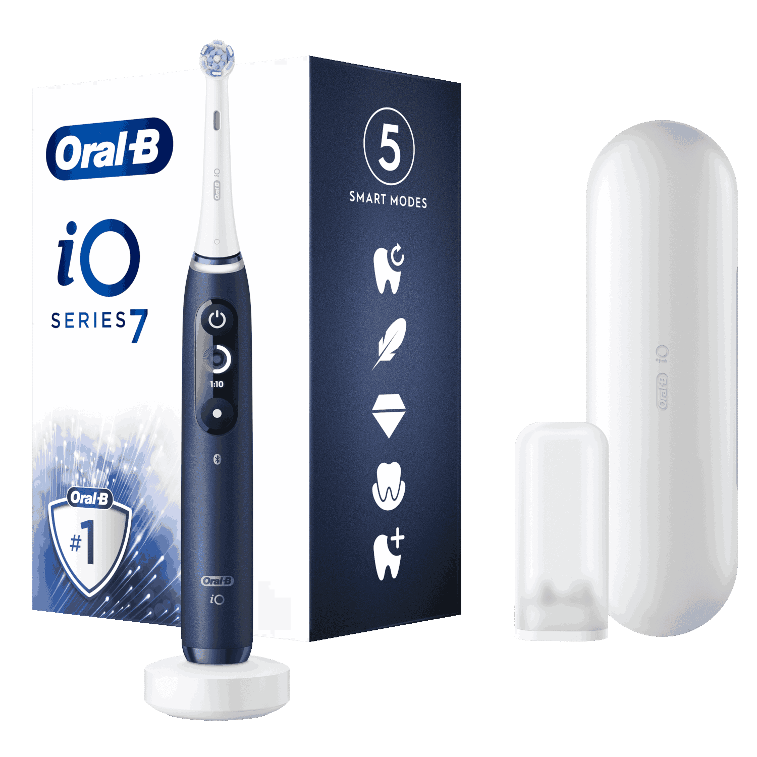 Egy sötétkék Oral-B iO Series 7 elektromos fogkefe tartozékokkal és csomagolással.