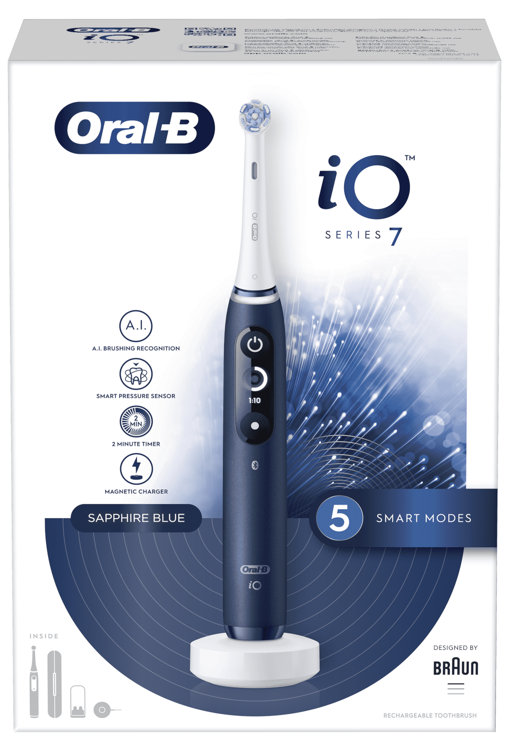 Oral-B iO Series 7 elektromos fogkefe zafírkék színben, töltőállomással.