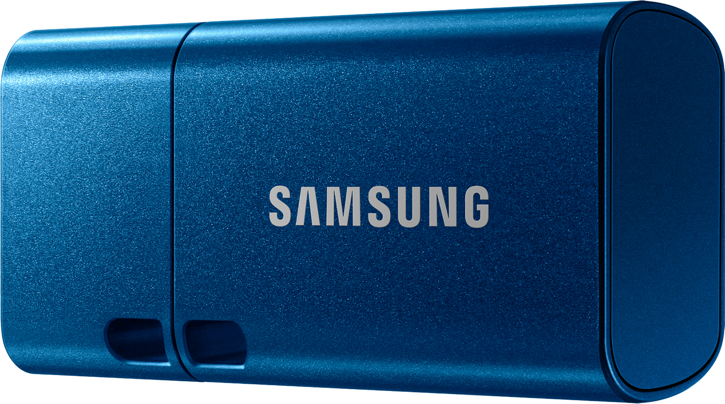 Een blauwe Samsung USB-stick met het Samsung-logo erop.