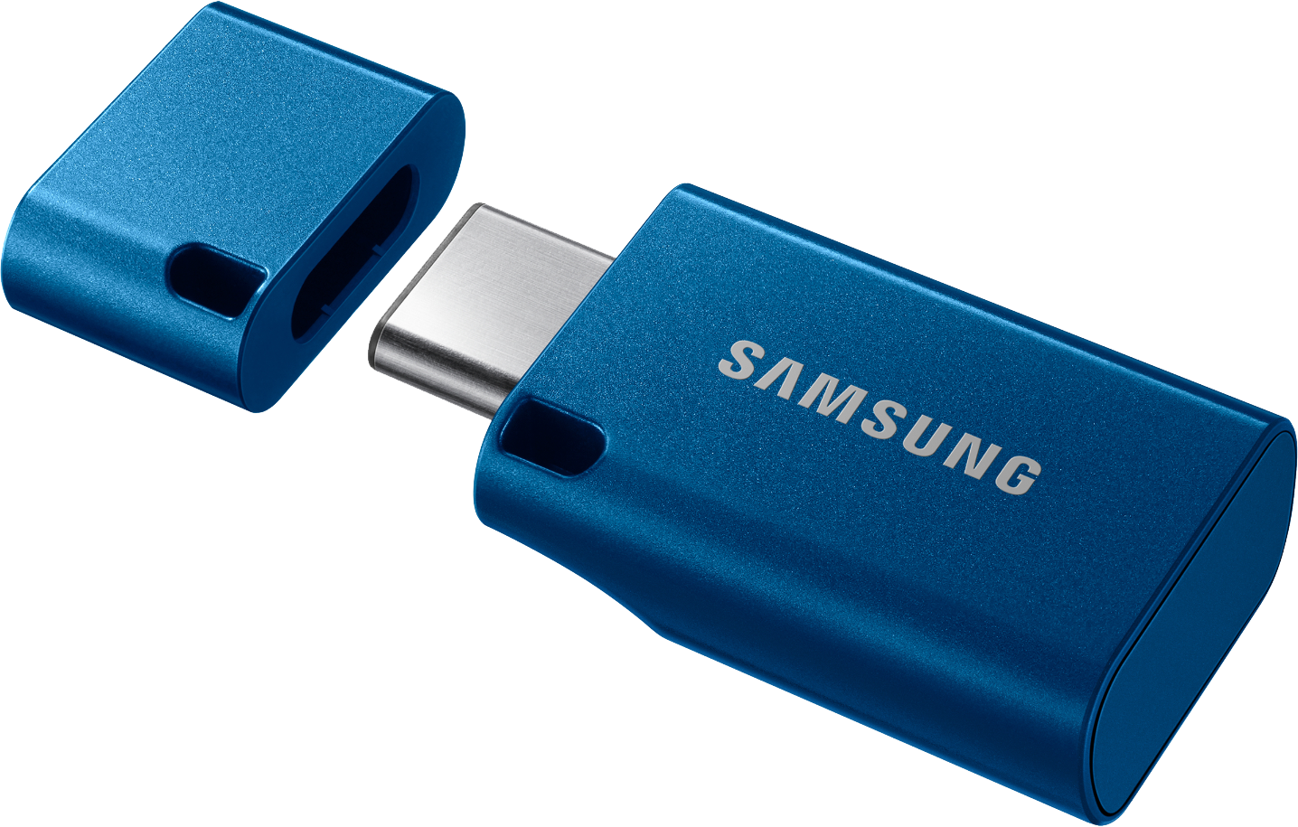 Een blauwe Samsung USB-drive met de dop open, die de USB-C-connector laat zien.