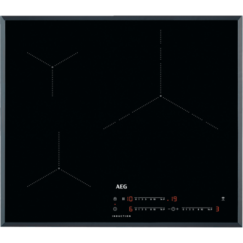 Placa de inducción negra con tres zonas de cocción. Pantalla digital roja con números.