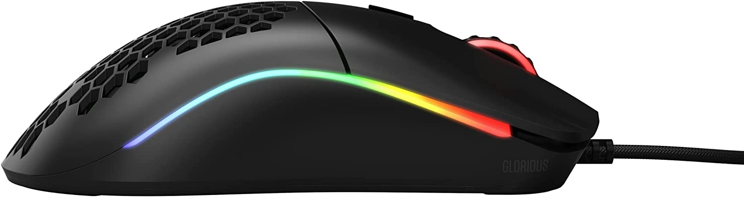 Mouse da gaming nero con striscia luminosa colorata e cavo.
