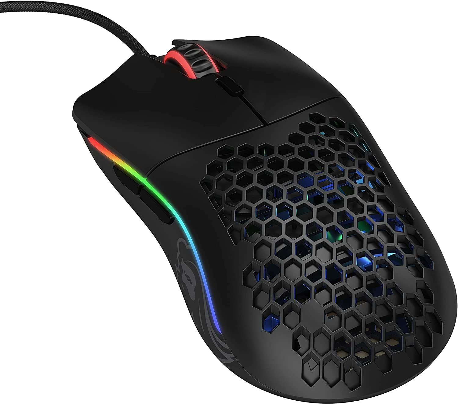 Mouse da gioco nero con design a nido d'ape, luci RGB, rotella rossa e blu.