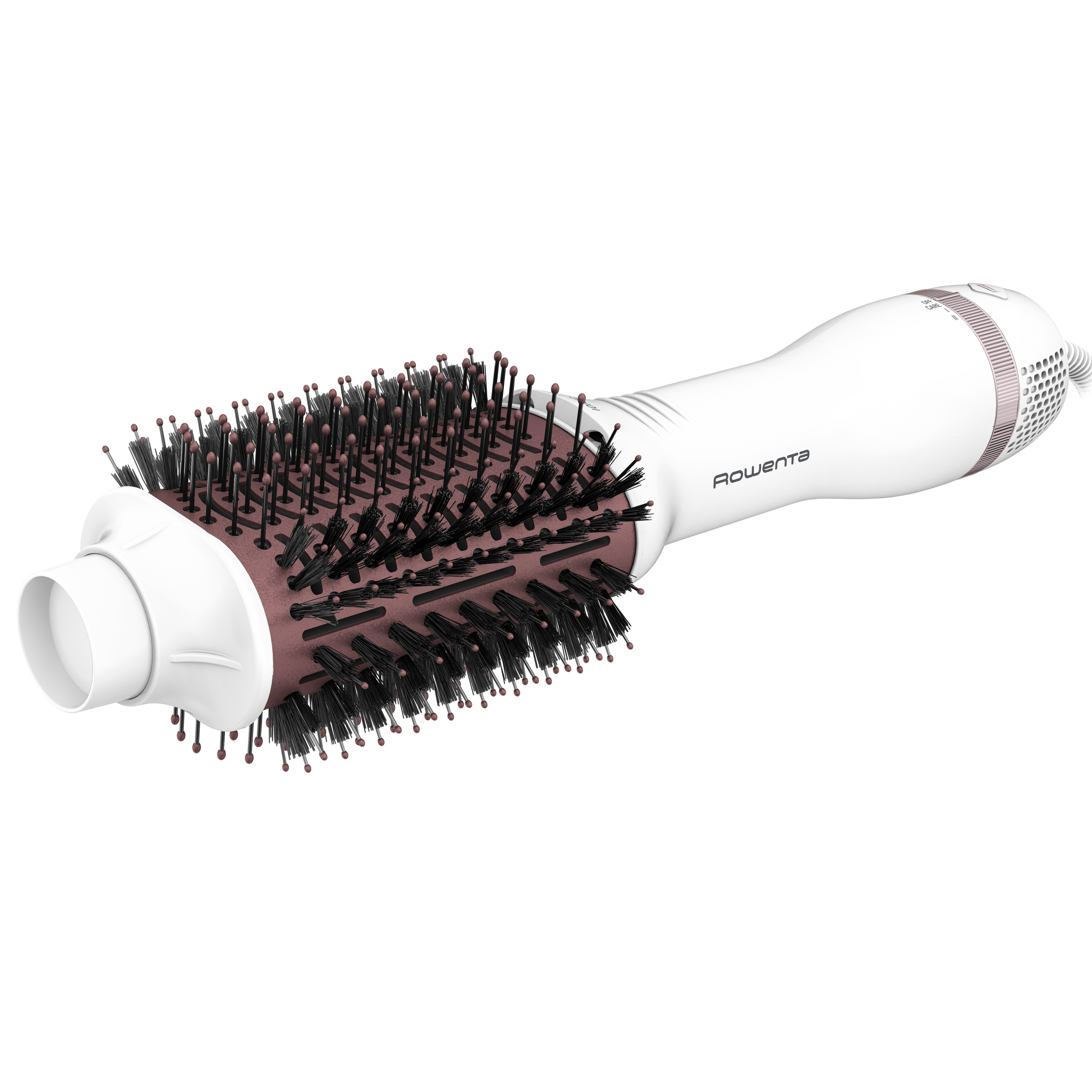 Cepillo secador de pelo blanco y rosa, en ángulo a la izquierda, con cerdas negras. Marca Rowenta visible.