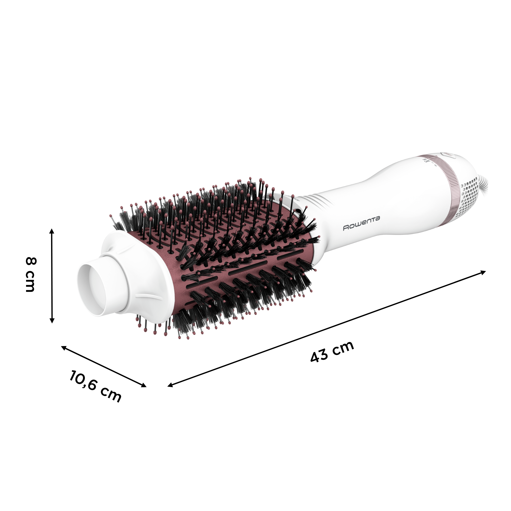 Cepillo secador de pelo blanco y rosa con medidas de 8 cm, 10,6 cm y 43 cm, sobre una superficie blanca.