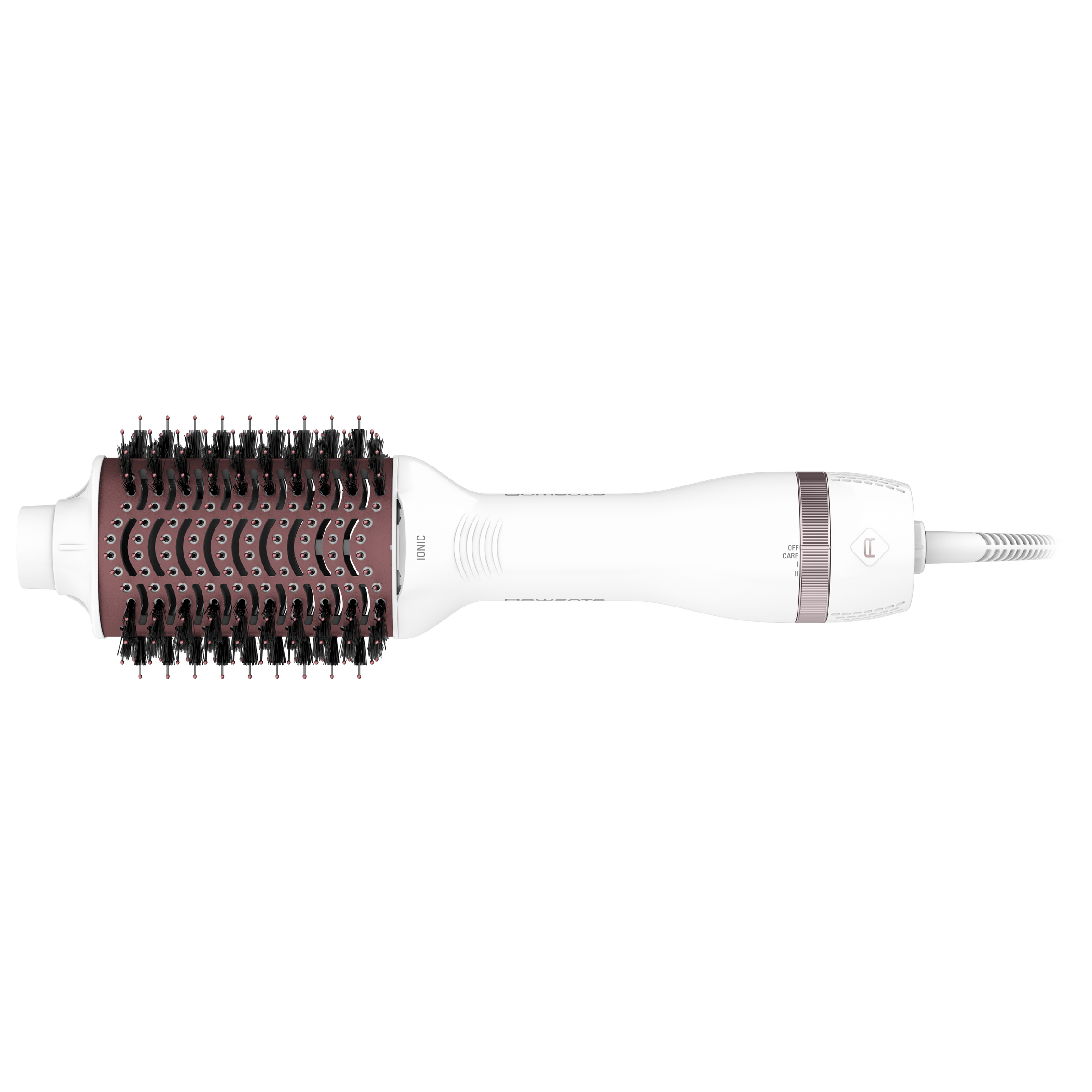 Un cepillo secador de pelo blanco con barril oro rosa y mango blanco con botones de control.