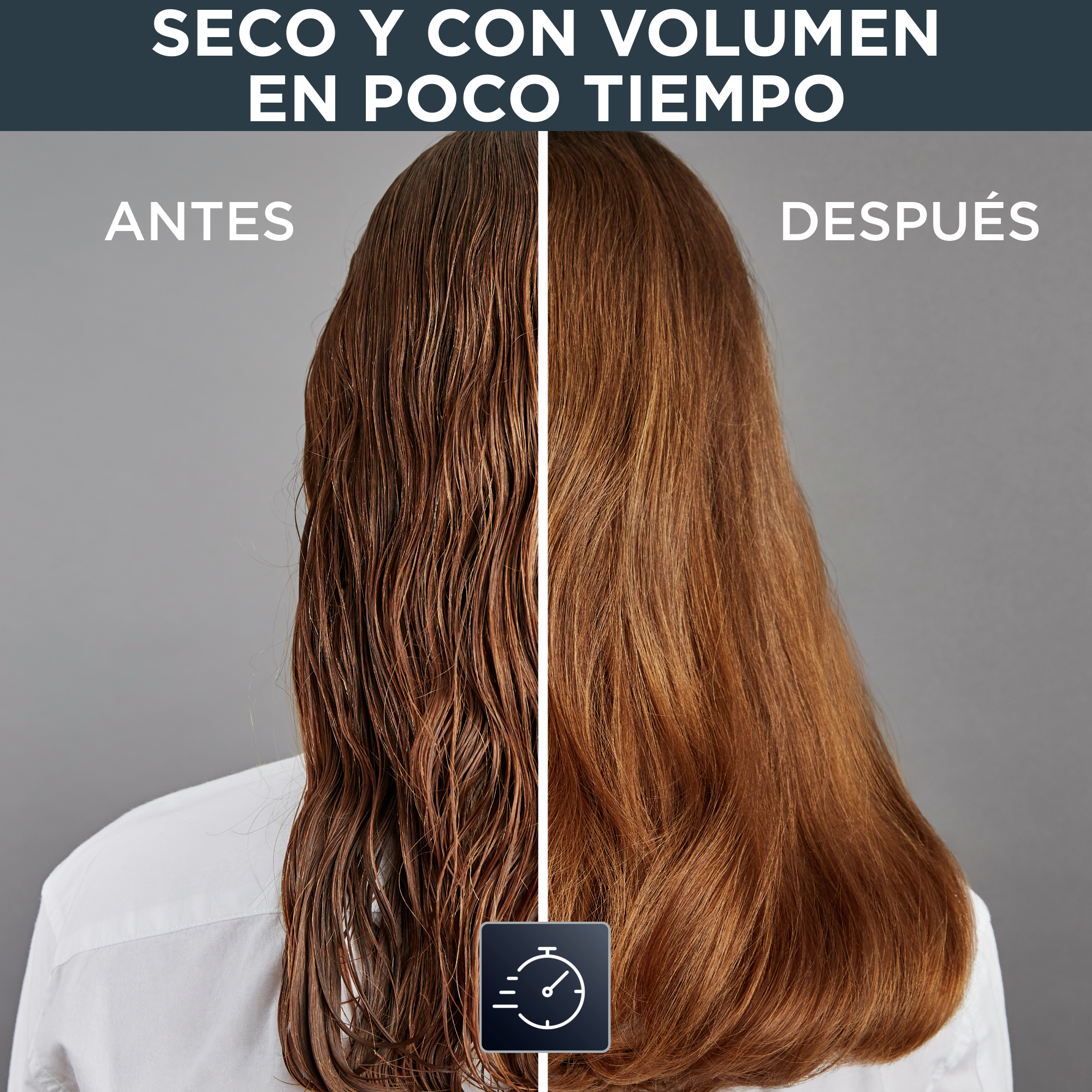 Imagen dividida: cabello mojado vs. cabello seco y voluminoso, con texto 'Seco y con volumen en poco tiempo'.