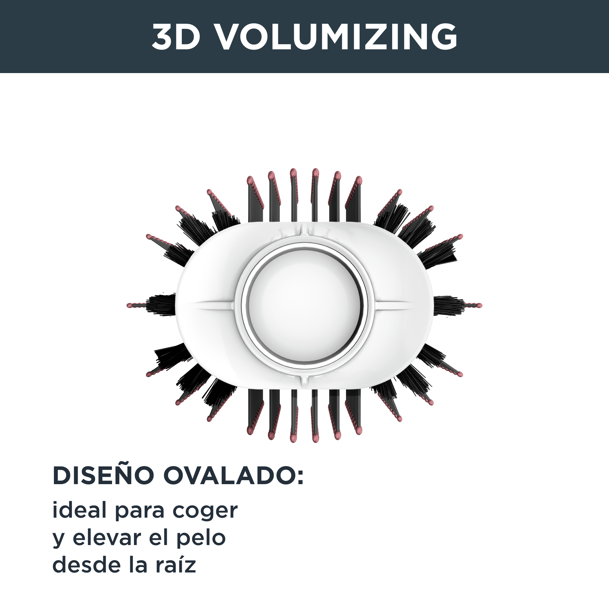 Un cepillo para el cabello blanco de forma ovalada con cerdas negras y rojas, texto en español.