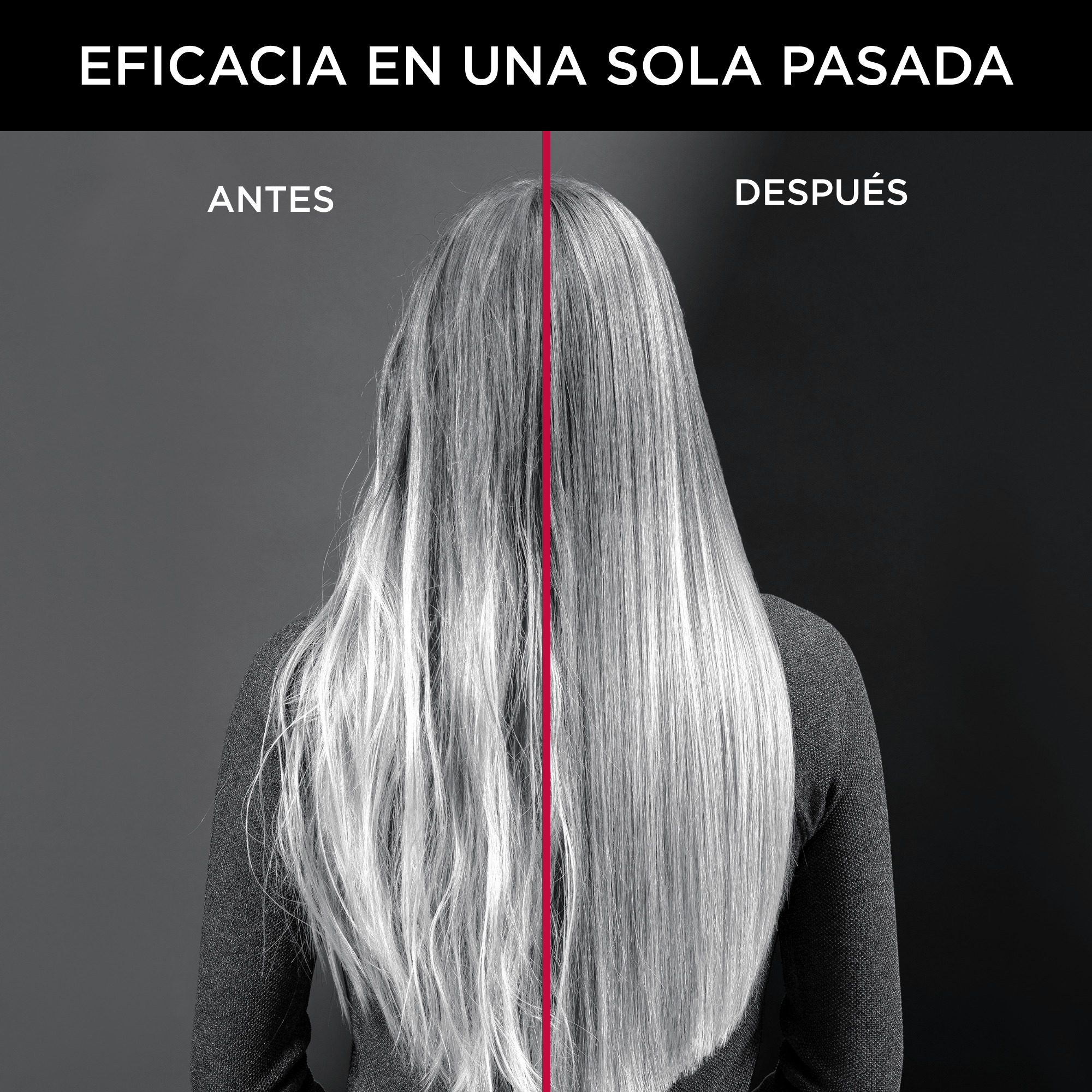 Cabello antes y después del tratamiento, mostrando un cambio de encrespado a liso.