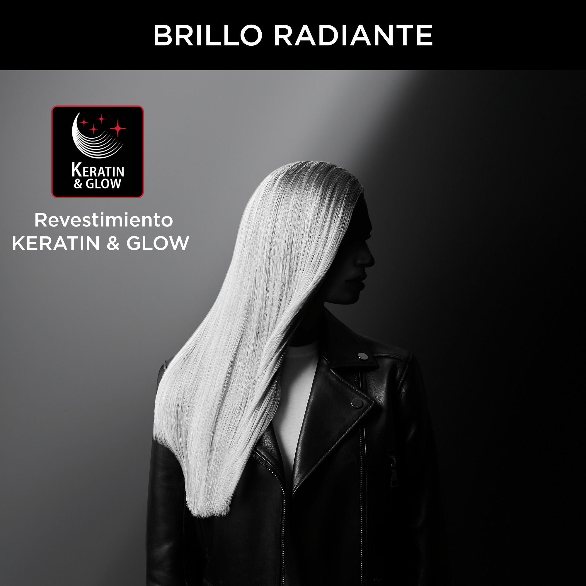 Mujer con cabello blanco y chaqueta negra. Texto: Keratin & Glow, Brillo Radiante.