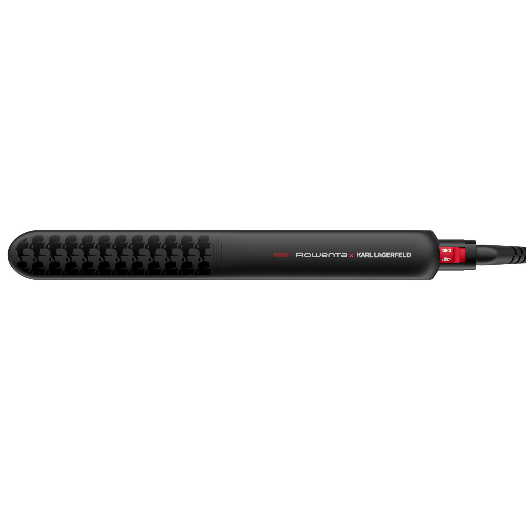 Plancha de pelo negra con interruptor rojo.