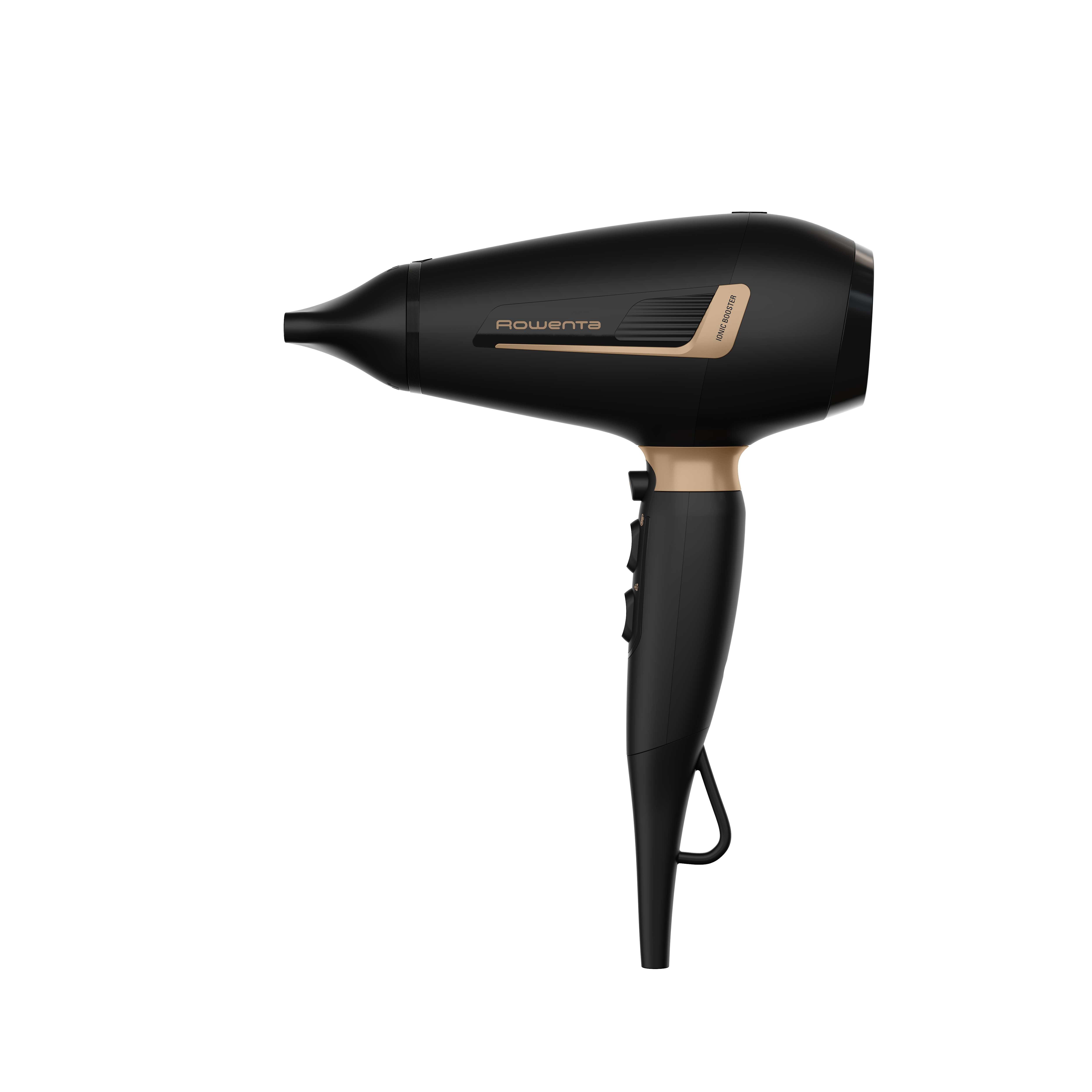 Secador de pelo negro y dorado. Tiene el logotipo de Rowenta.