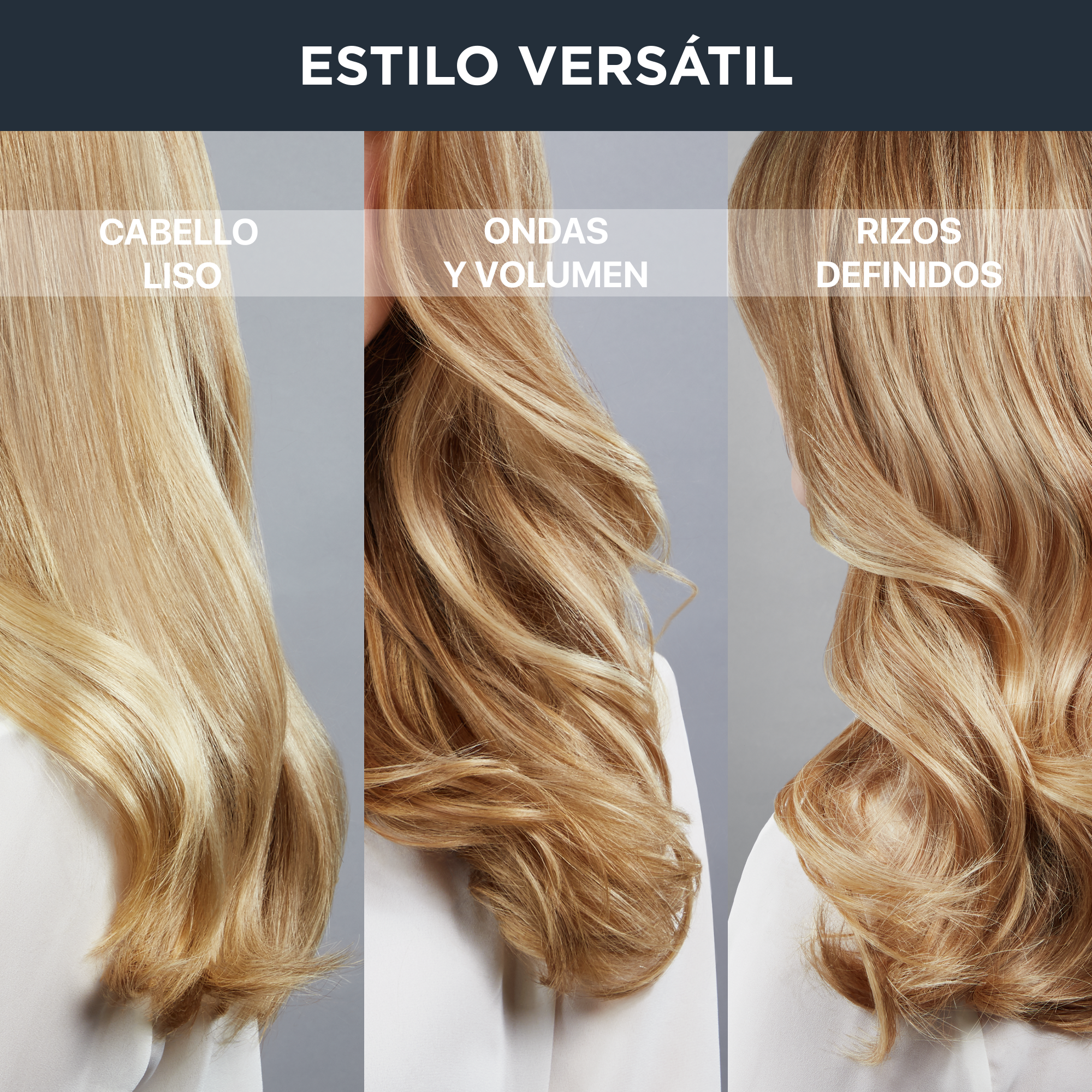 Se muestran tres estilos de cabello: liso, ondulado y rizado. Texto: Estilo versátil.