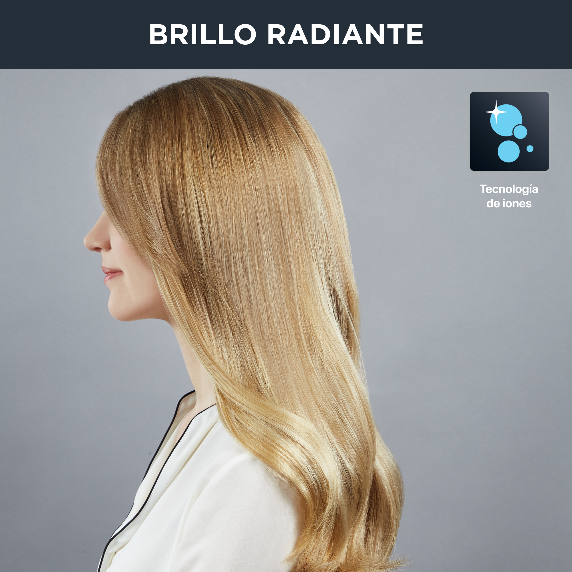 Mujer con largo cabello rubio de perfil. Texto: Brillo Radiante. Icono de gotas de agua.