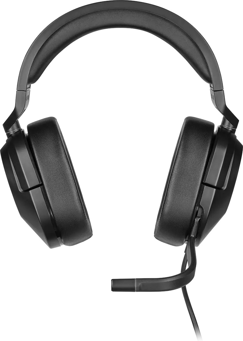 Black headphones with a microphone, the earcups are large and square.