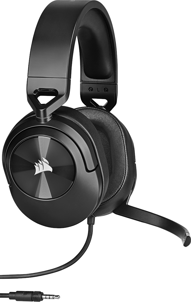 Black over-ear gaming headset with a microphone attached. The brand logo is on each ear cup.