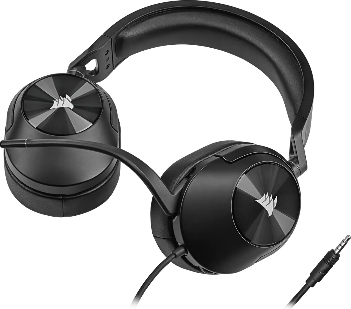 Black over-ear gaming headset with a microphone, featuring a connecting cable and a logo.