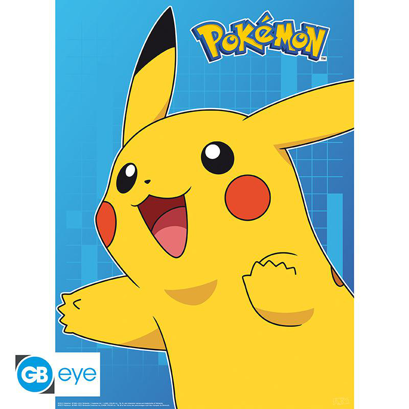 Pikachu lächelt, gelb mit roten Wangen, auf blauem Hintergrund mit Pokémon-Logo. GB eye Logo.