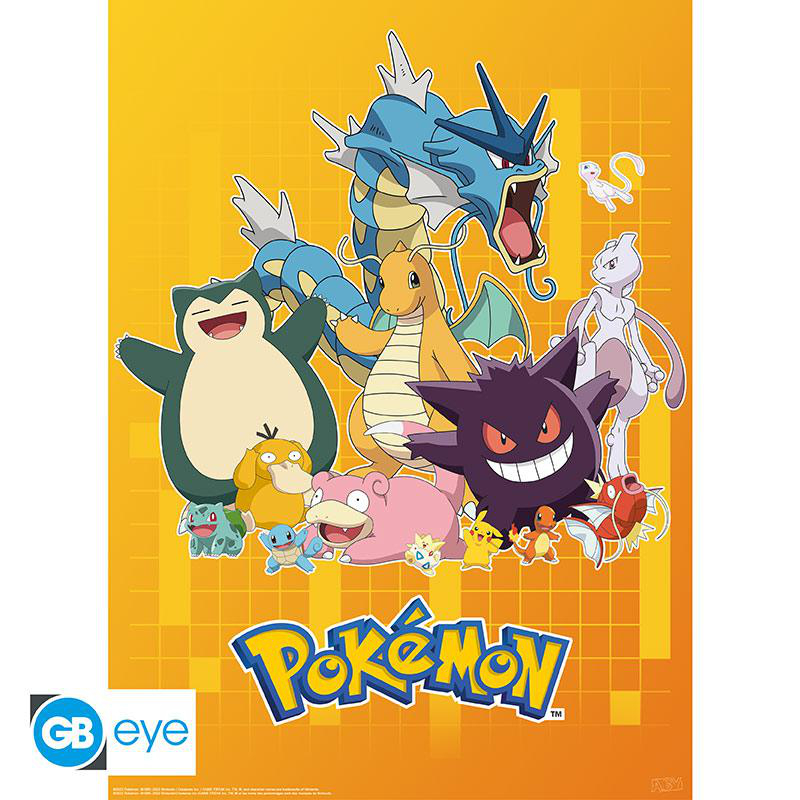 Ein Poster mit verschiedenen Pokémon-Charakteren auf gelbem Hintergrund. Das Pokémon-Logo befindet sich unten.