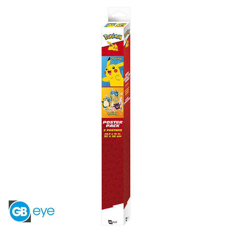 Eine hohe, rote Posterverpackung mit Pokémon-Charakteren.