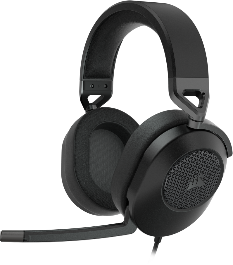 Casque Corsair noir avec microphone. Le maillage sur les écouteurs est visible.