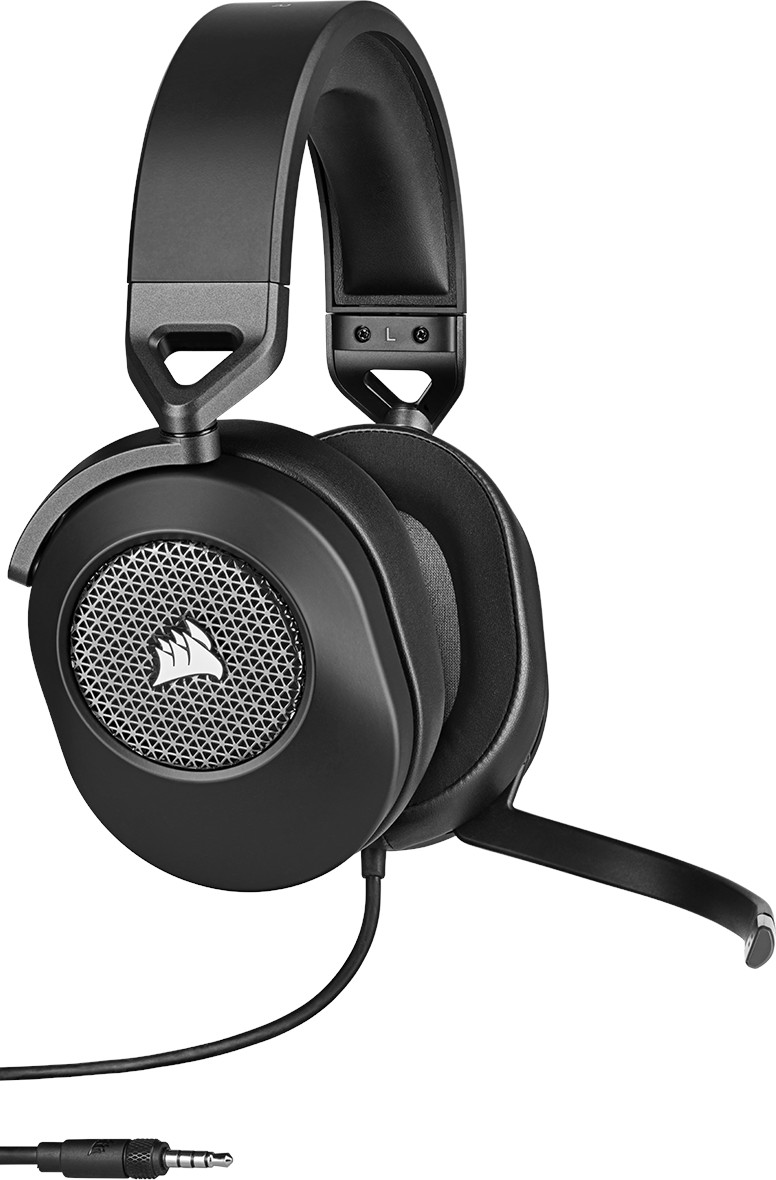 Casque de jeu noir avec microphone, câble et prise jack 3,5 mm, fond noir.