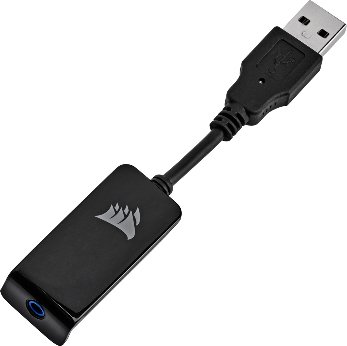 Adaptateur USB vers prise jack 3,5 mm noir. L'adaptateur a un connecteur USB à une extrémité.