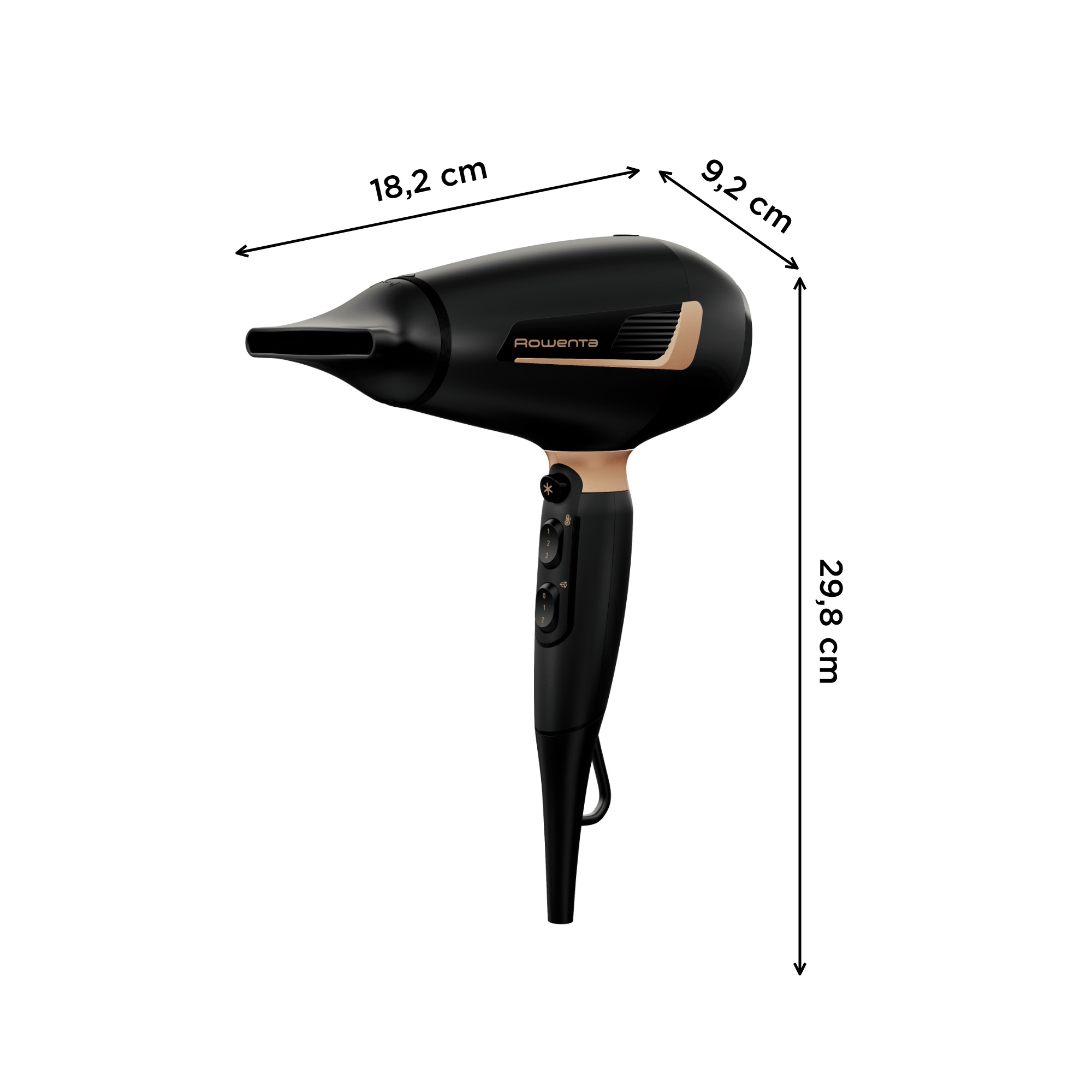 Secador de pelo negro con detalles dorados. Dimensiones en cm indicadas. Fondo blanco.
