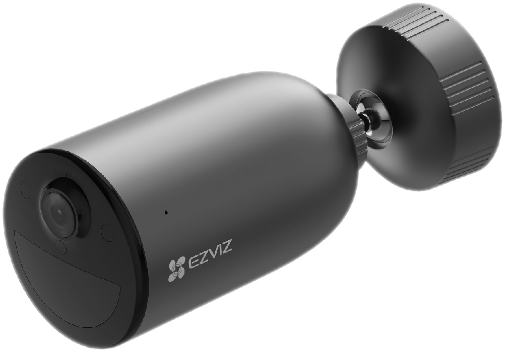 Black EZVIZ security camera, cylindrical shape, on a white background. 