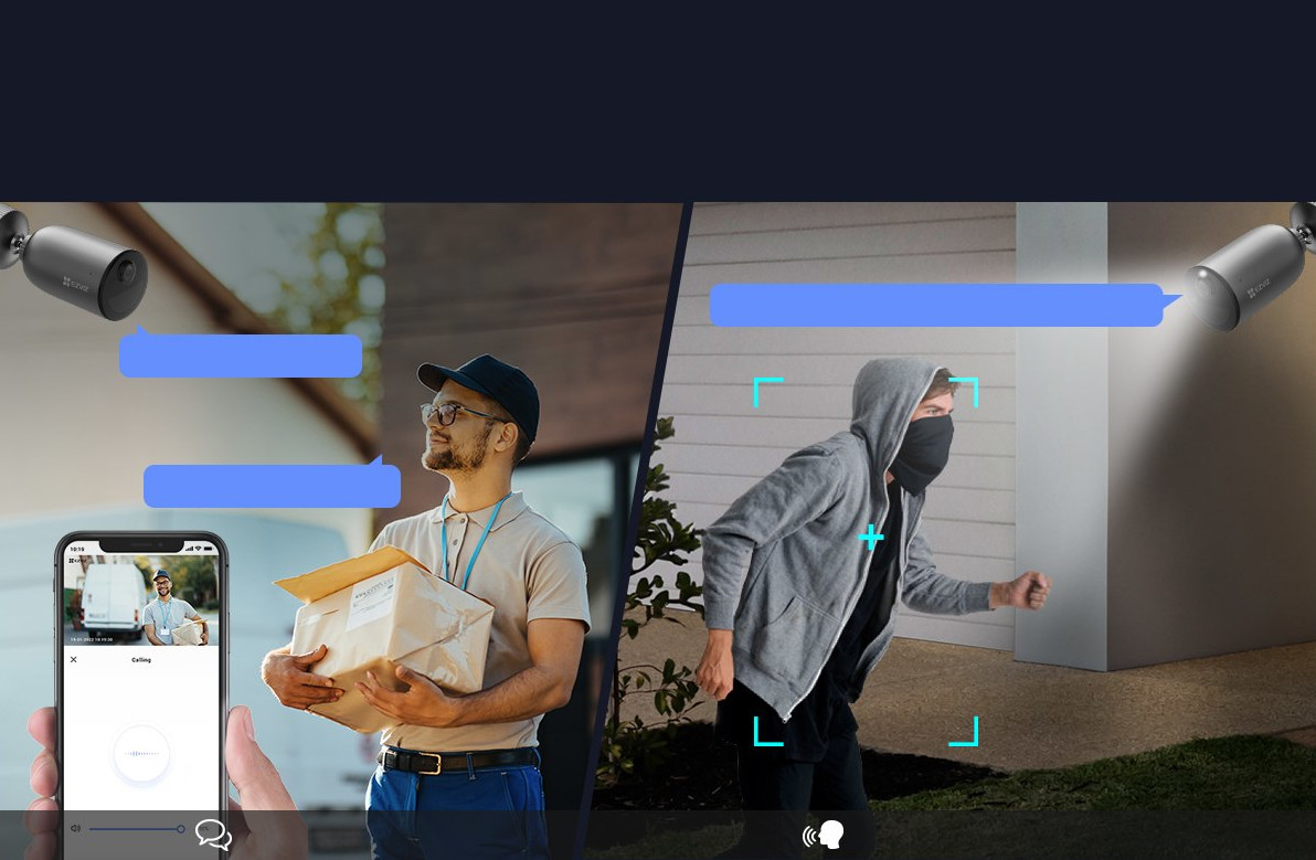 A delivery person and a person in a hoodie, with security cameras in the background.
