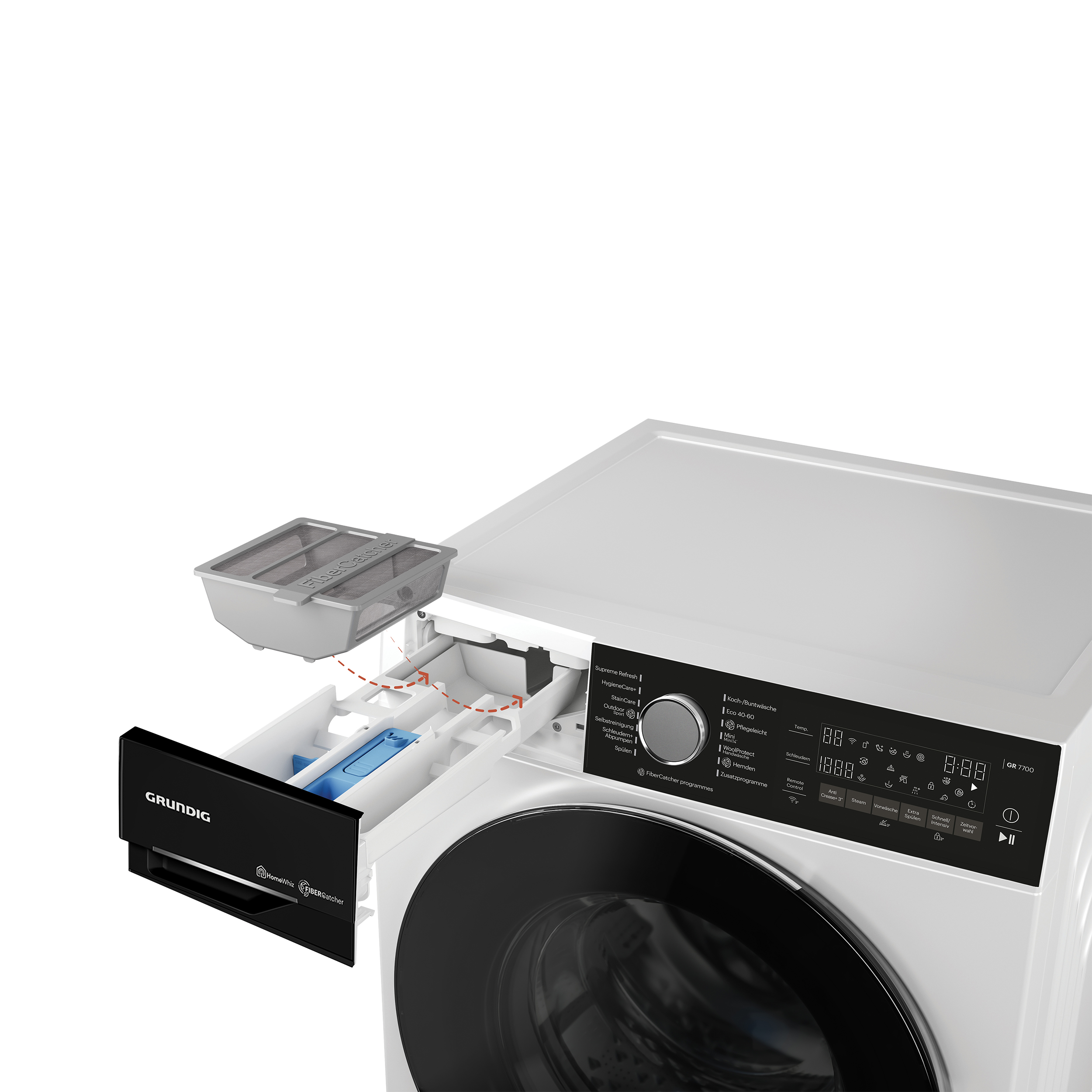 Weiße Grundig Waschmaschine mit geöffneter Waschmittelschublade. Bedienfeld sichtbar.