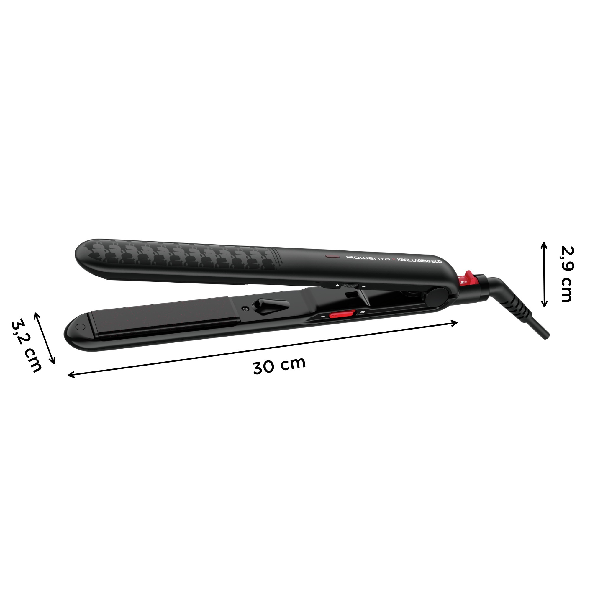 Una plancha de pelo negra con dimensiones etiquetadas: 30 cm de largo y 2,9 cm de alto, 3,2 cm de ancho.