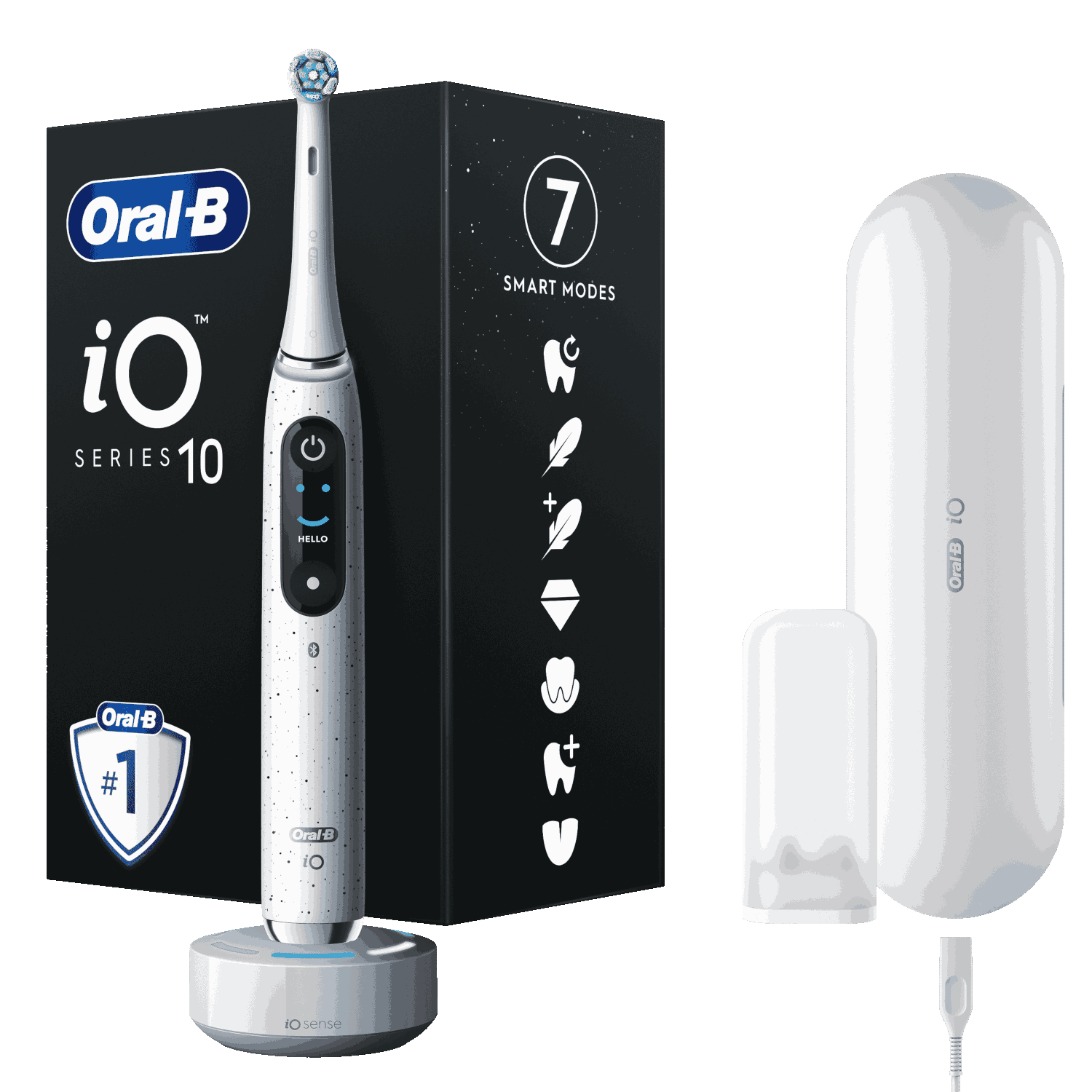 Oral-B iO Series 10 elektromos fogkefe, fekete doboz intelligens módokkal és töltőállomással.