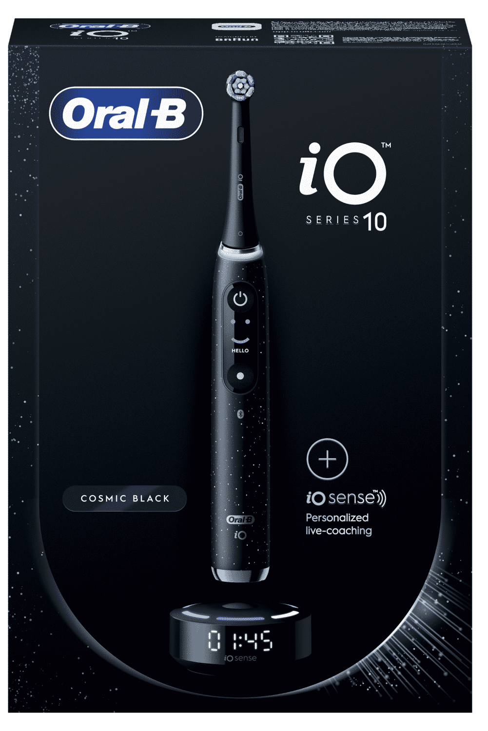 Egy Oral-B iO Series 10 elektromos fogkefe töltőállomással.