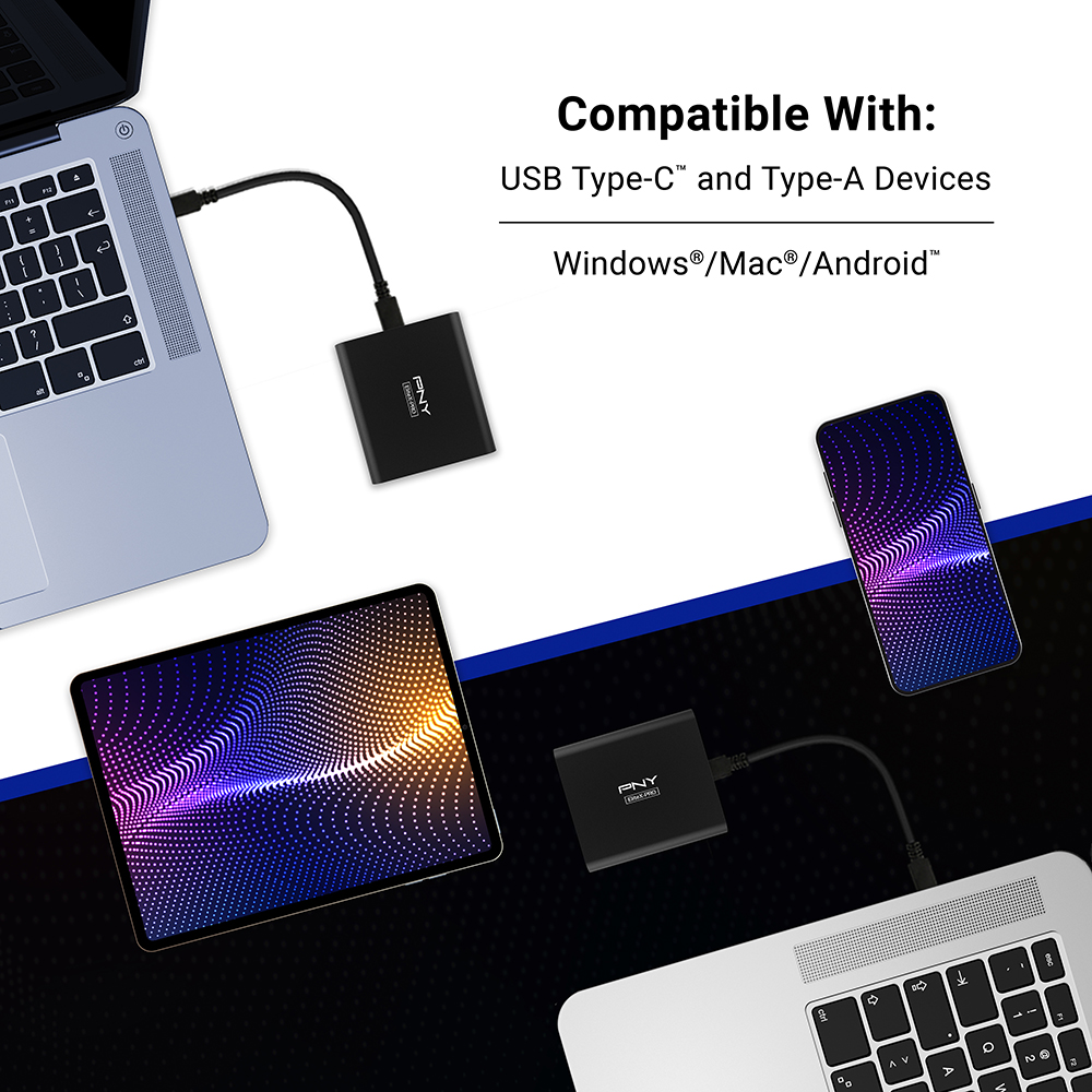 A laptop, tablet, and a USB adapter connected to devices with text about compatibility.