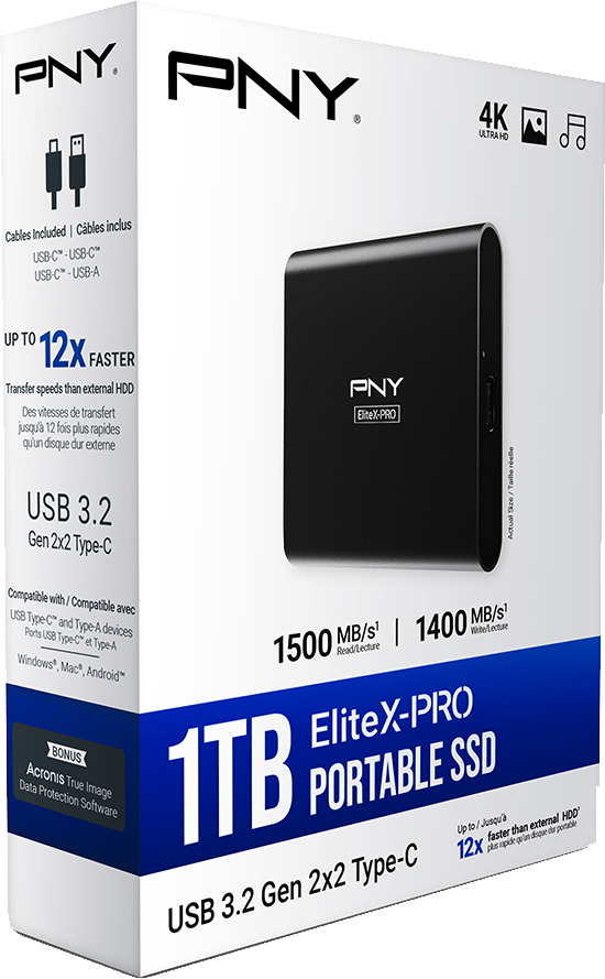 PNY EliteX-PRO portable SSD box, black. Includes USB-C and USB-A cables. 1TB.