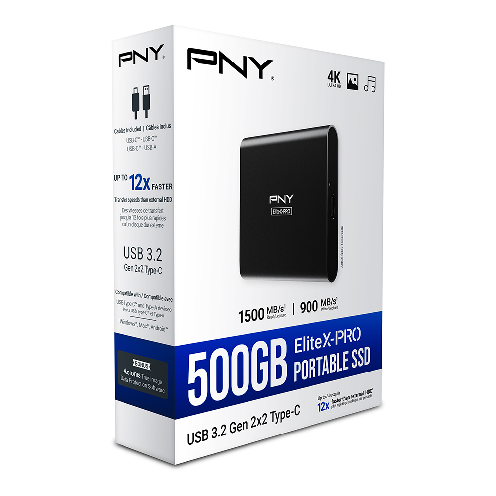 PNY EliteX-PRO portable SSD in a box. Box features the SSD, USB 3.2 Gen 2x2 Type-C, and 500GB.