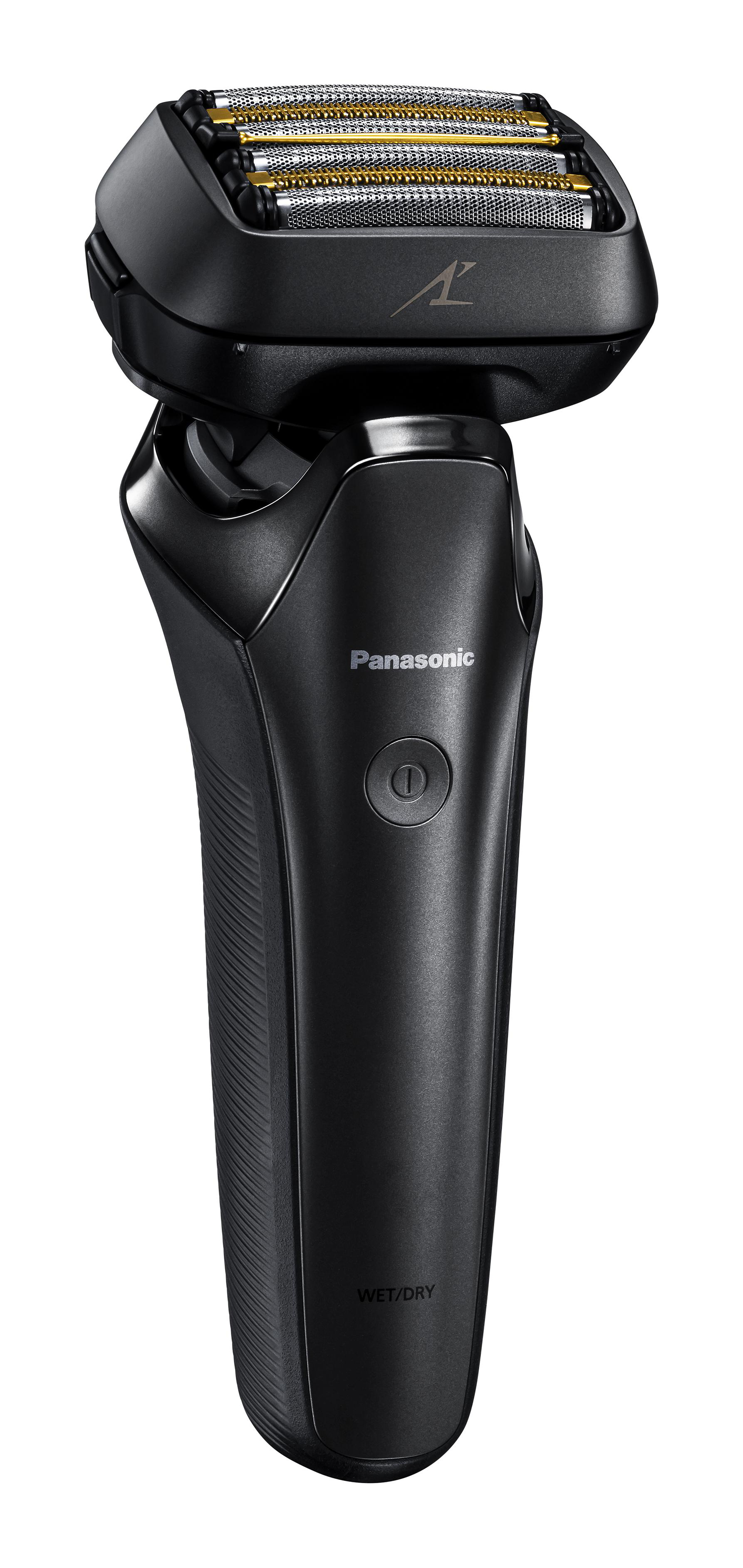 Ein schwarzer und silberner elektrischer Rasierer von Panasonic. Es ist ein Rotationsrasierer.