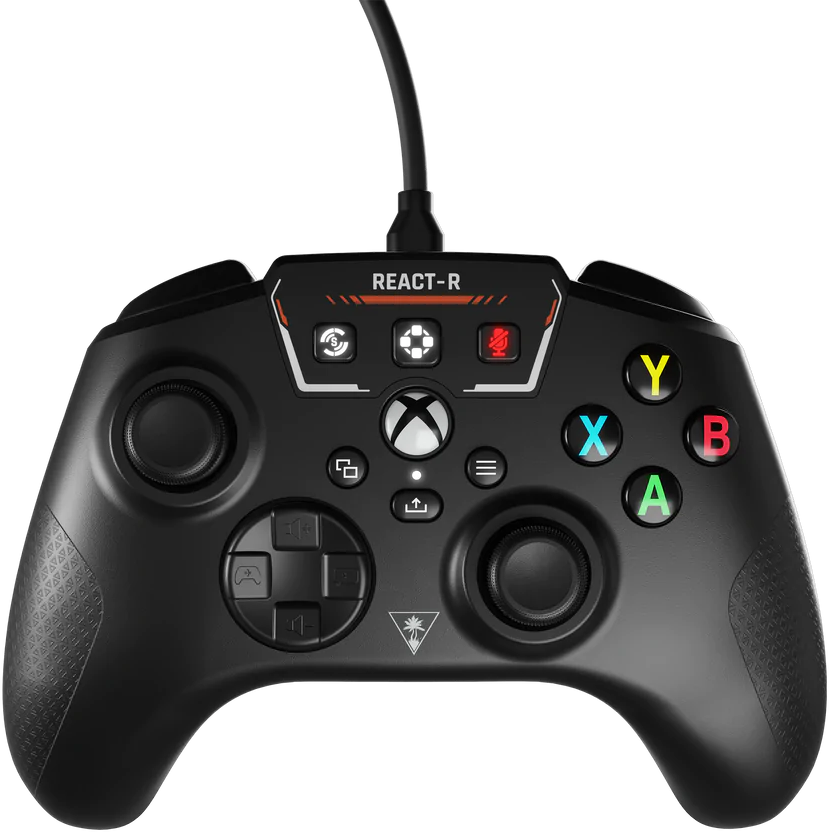 Manette de jeu vidéo noire, avec boutons, boutons étiquetés, fond noir, React-R.