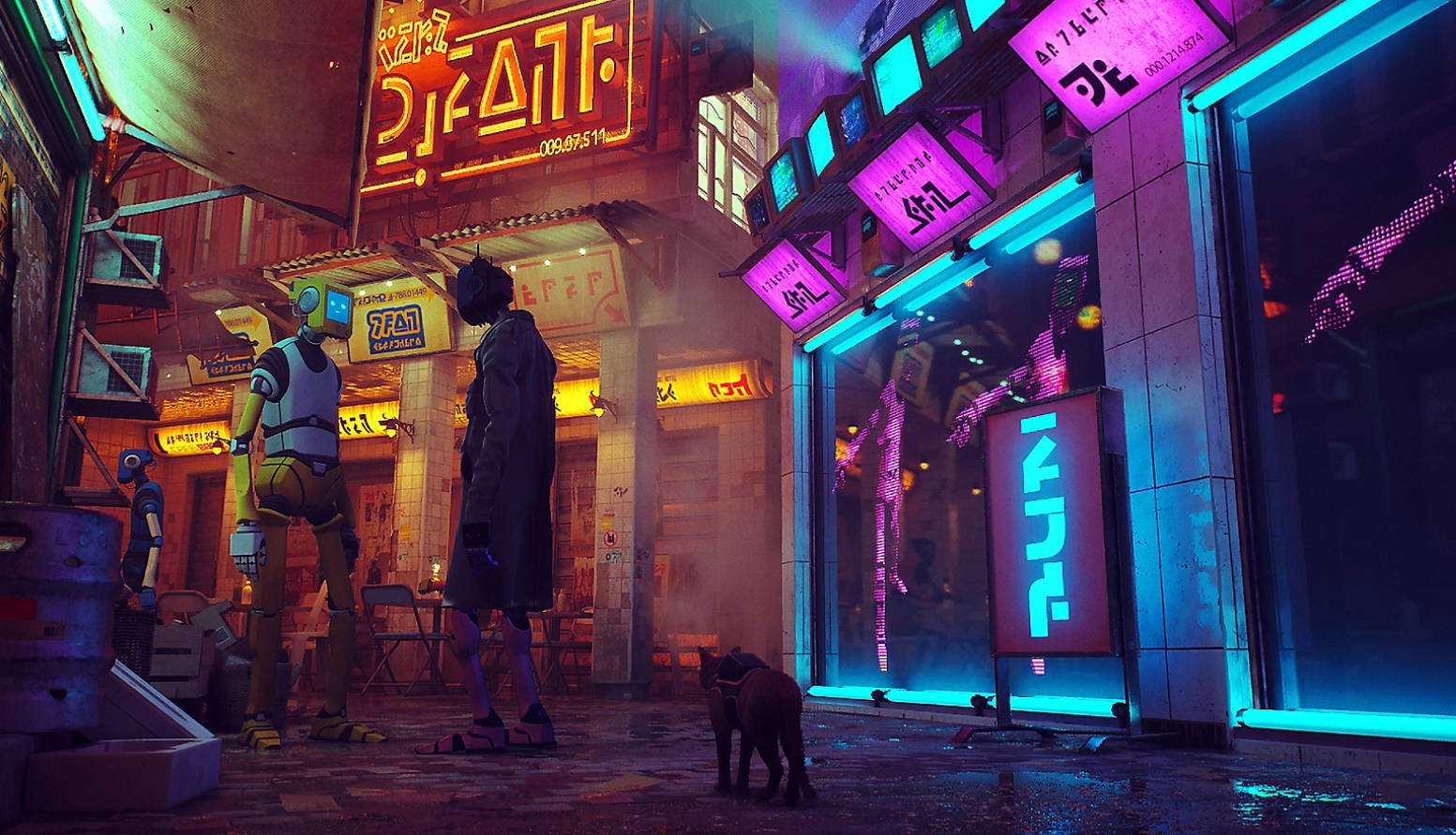 Eine Cyberpunk-Stadt mit Neonzeichen, Robotern und einer Katze. Es regnet, und die Szene ist dunkel.