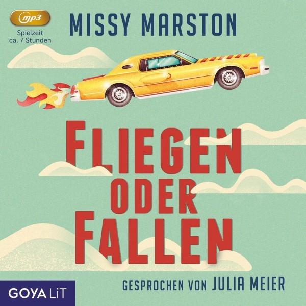 Ein Buchcover mit einem gelben Auto am Himmel und rotem Text mit 'FLIEGEN ODER FALLEN'.