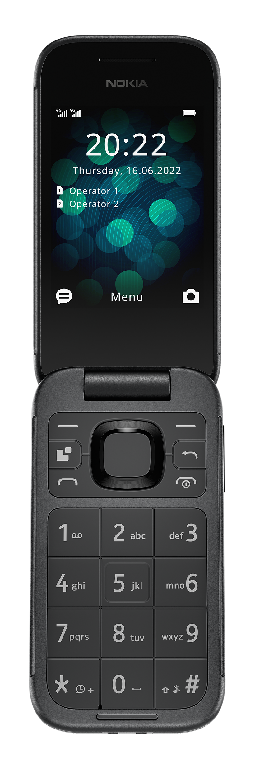 Un téléphone à clapet Nokia noir, ouvert, affichant l'heure et la date.