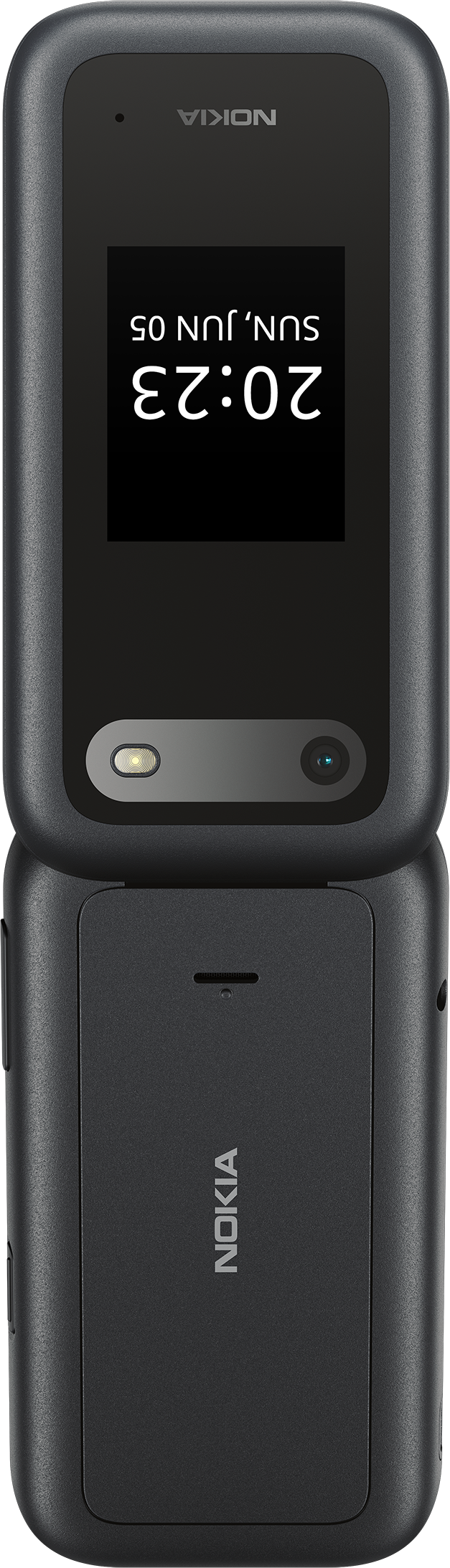 Un téléphone à clapet Nokia noir fermé affichant la date et l'heure.