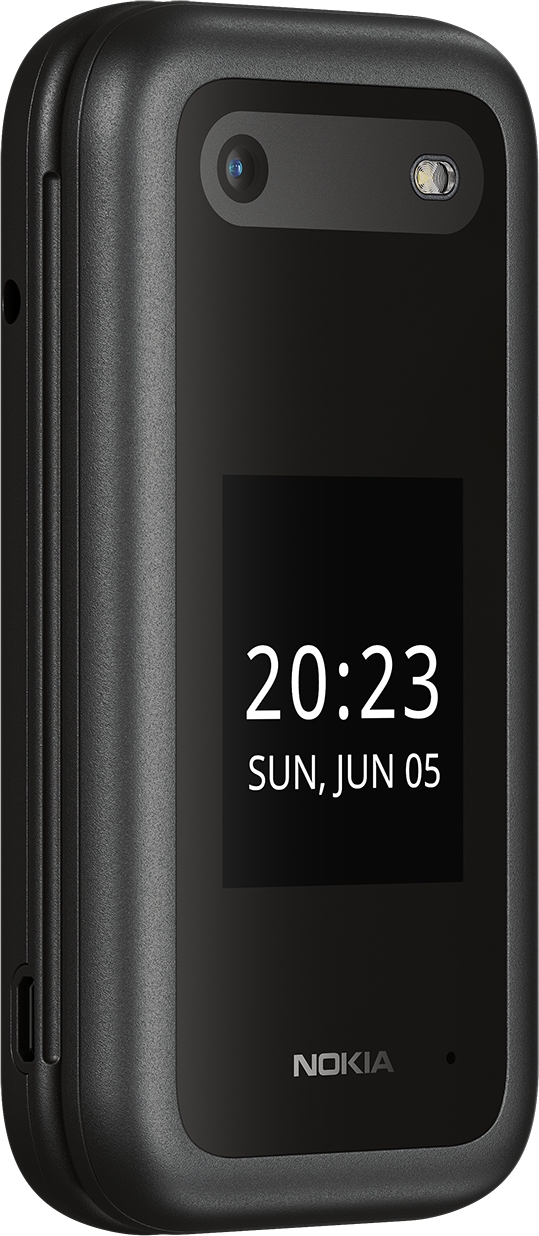 Téléphone à clapet Nokia noir, fermé. Heure sur l'écran avant : 20h23, dimanche 05 juin.