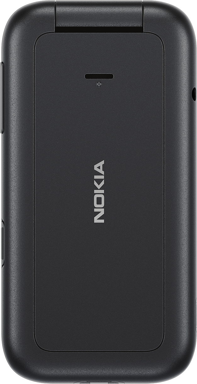 Un téléphone à clapet noir fermé avec le logo Nokia centré.