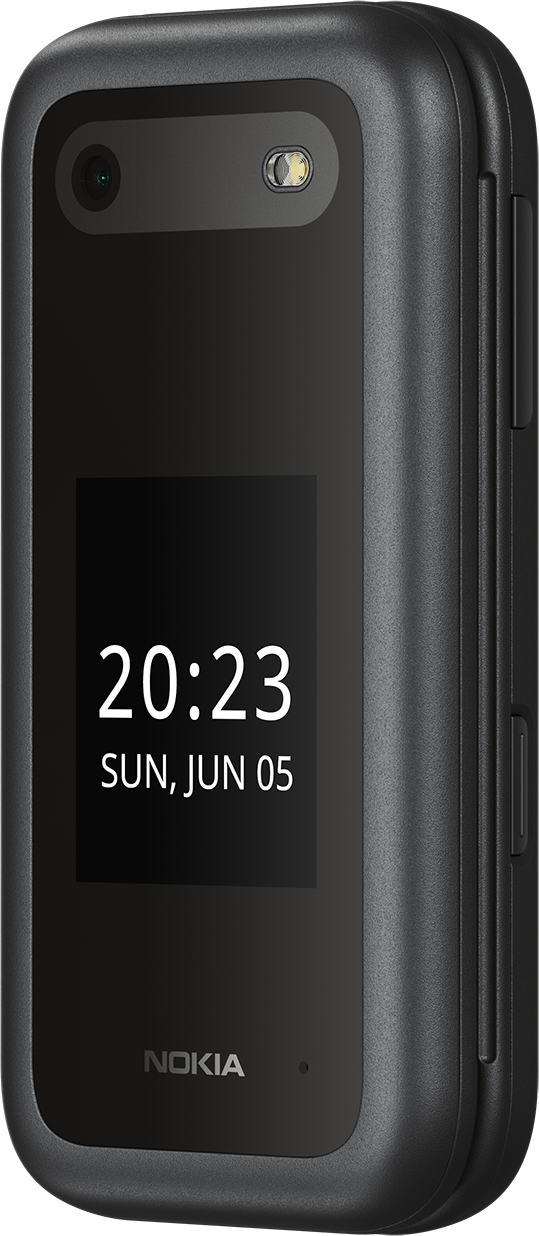 Téléphone à clapet noir avec un petit écran externe.
