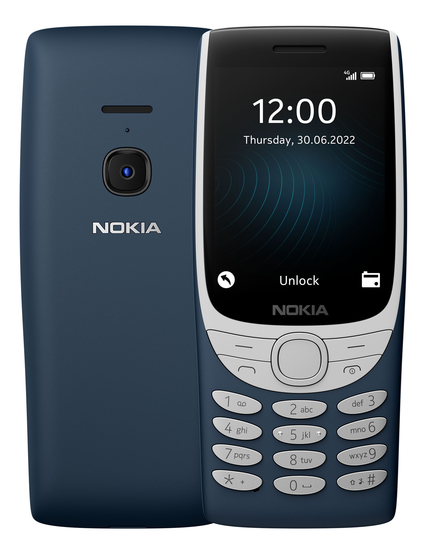 Nokia-Telefon, blau mit schwarzem Bildschirm mit Uhrzeit. Rückseite zeigt Kamera.