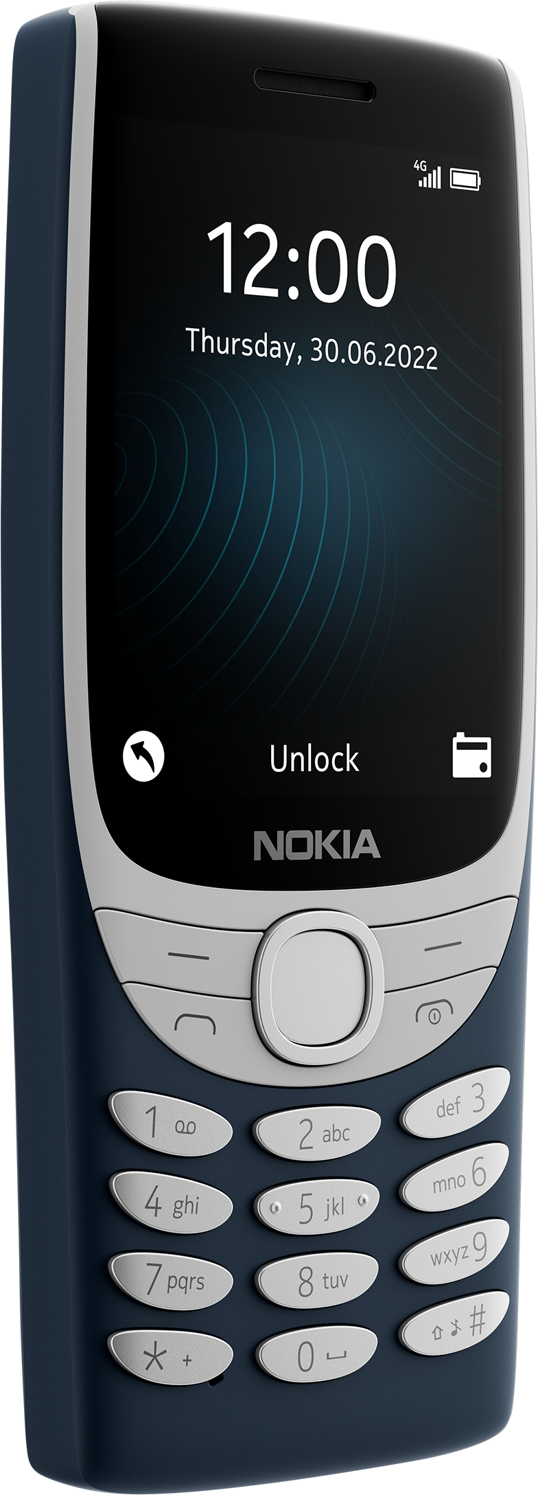 Nokia-Telefon mit blauem Gehäuse. Der Bildschirm zeigt die Uhrzeit, und das Telefon hat eine Tastatur.