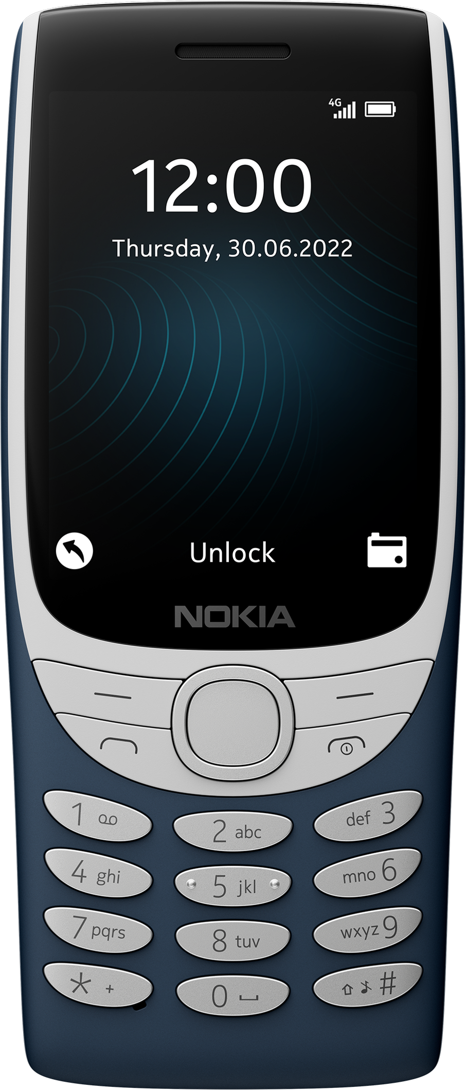 Ein blaues Nokia-Telefon mit Tastatur, das Uhrzeit und Datum anzeigt.