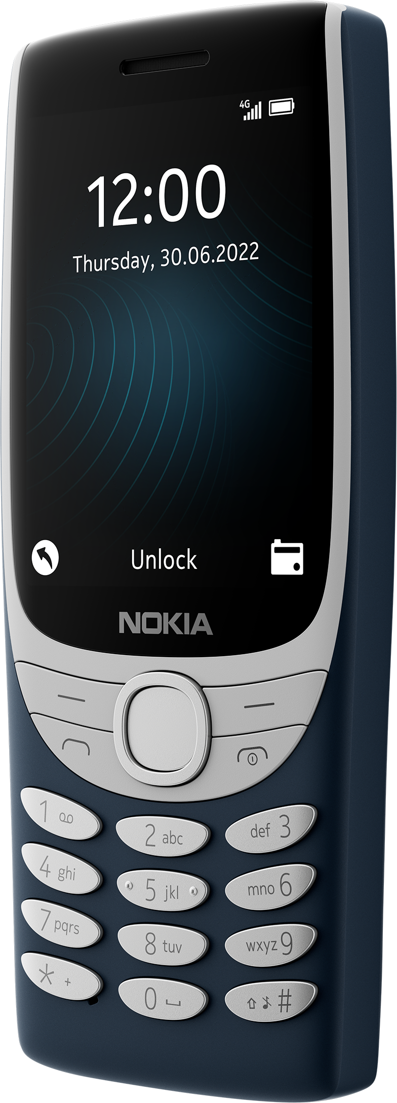 Ein blaues Nokia-Telefon, das die Uhrzeit und den Entsperrbildschirm anzeigt.